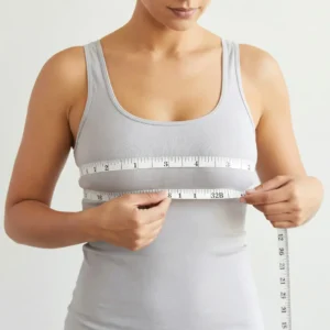 Woman using a measuring tape over a T-shirt to measure for a 32B bra size