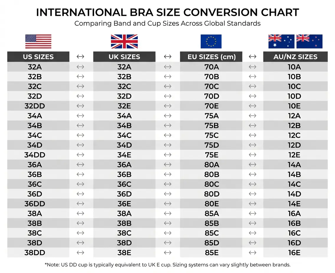 International bra size conversion chart comparing US UK European and Australian sizing systems