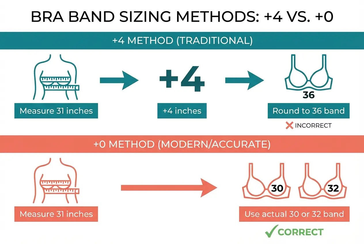 Comparison of +4 vs +0 bra band sizing methods showing how they affect final size