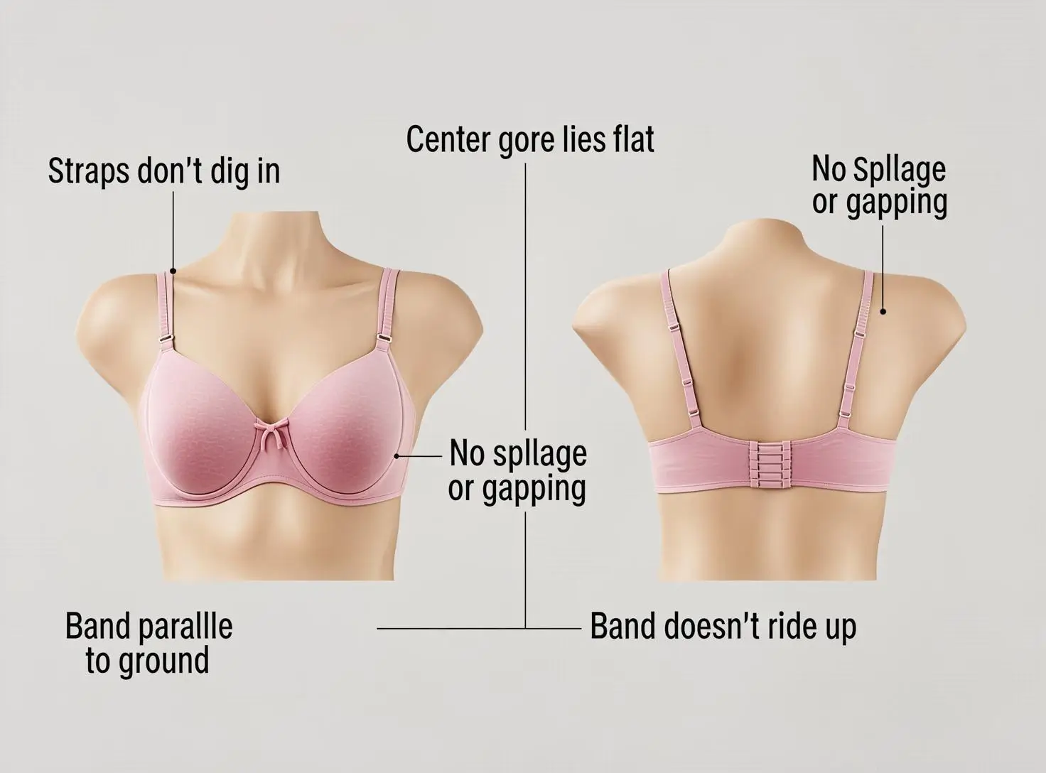 Diagram showing signs of proper bra fit including flat center gore and parallel band