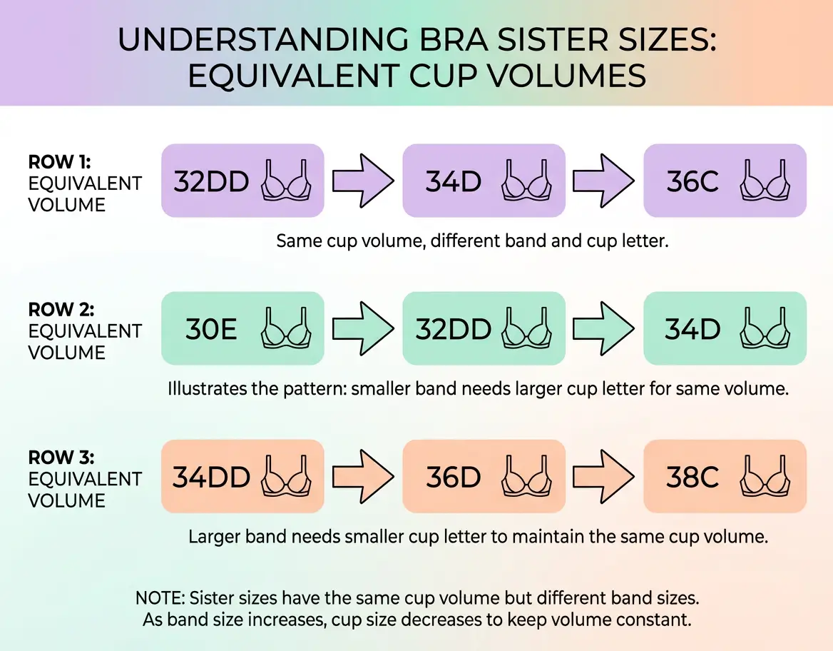 Sister sizing chart showing equivalent bra sizes like 32DD equals 34D equals 36C