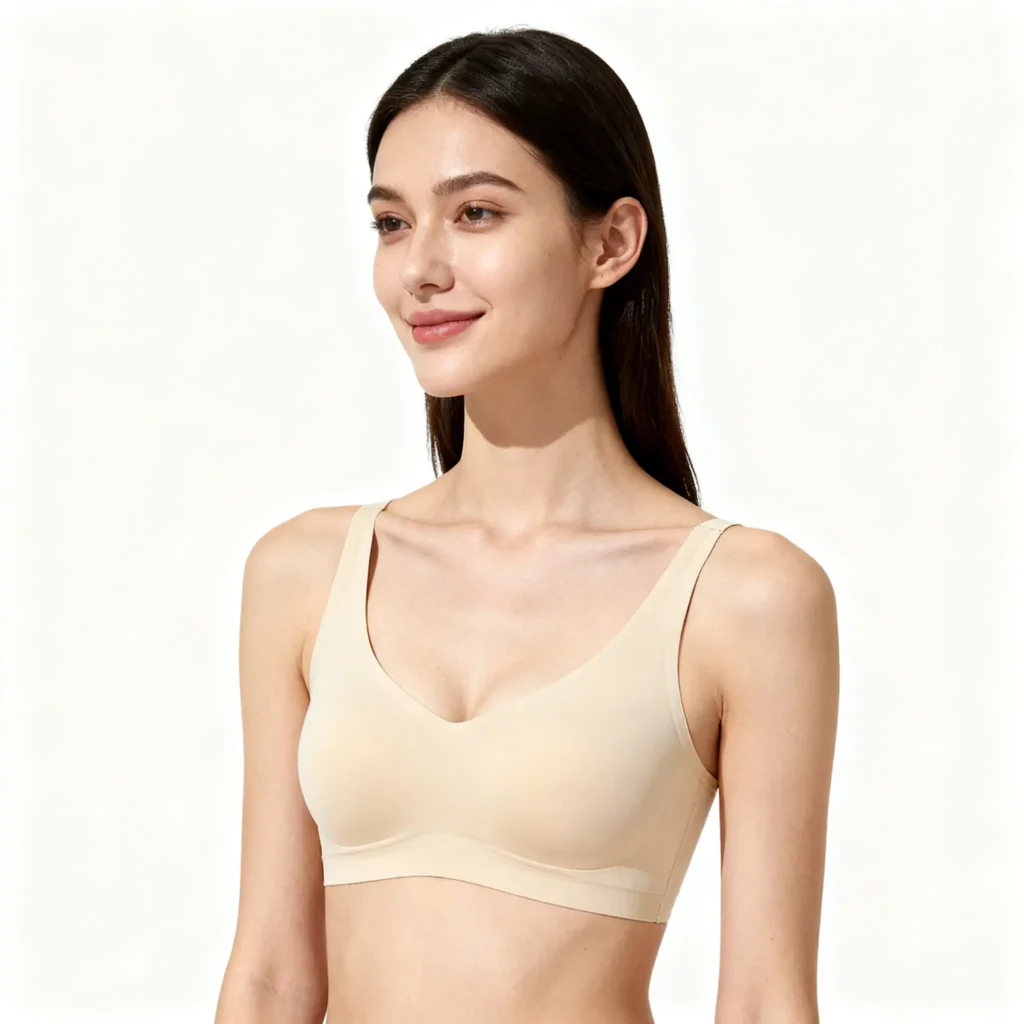 Complete guide to what does 32B bra size mean: woman wearing perfectly fitted beige T-shirt bra