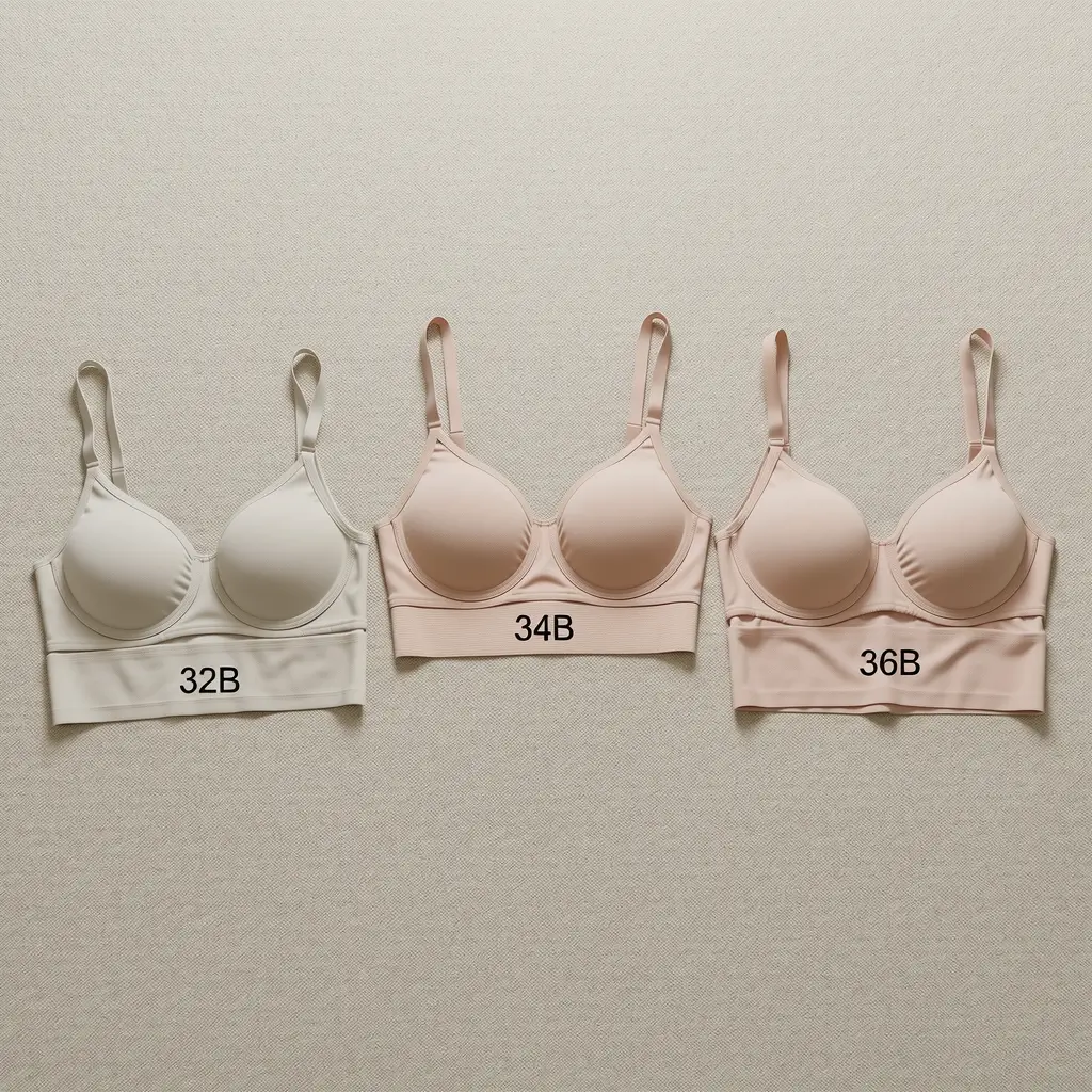 Flatlay of 32B, 34B, and 36B bras showing how band size affects cup volume