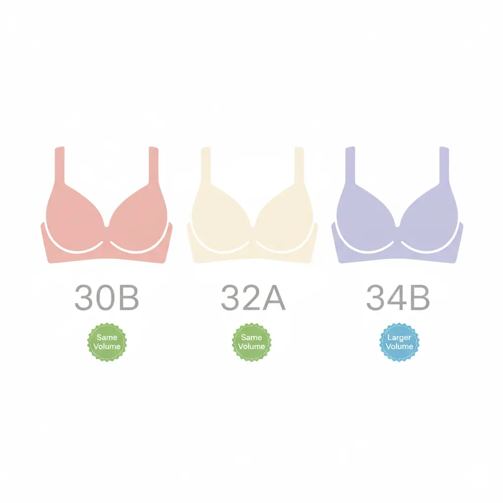30B bra cup volume comparison showing 30B equals 32A and is smaller than 34B