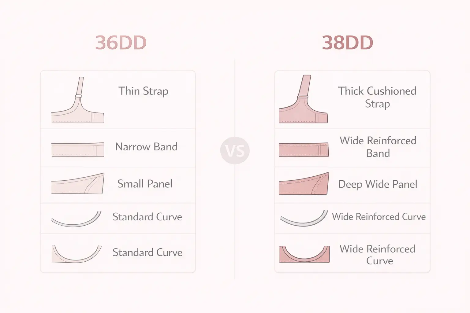 Infographic comparing support features of 36DD and 38DD bra sizes including straps band and underwire