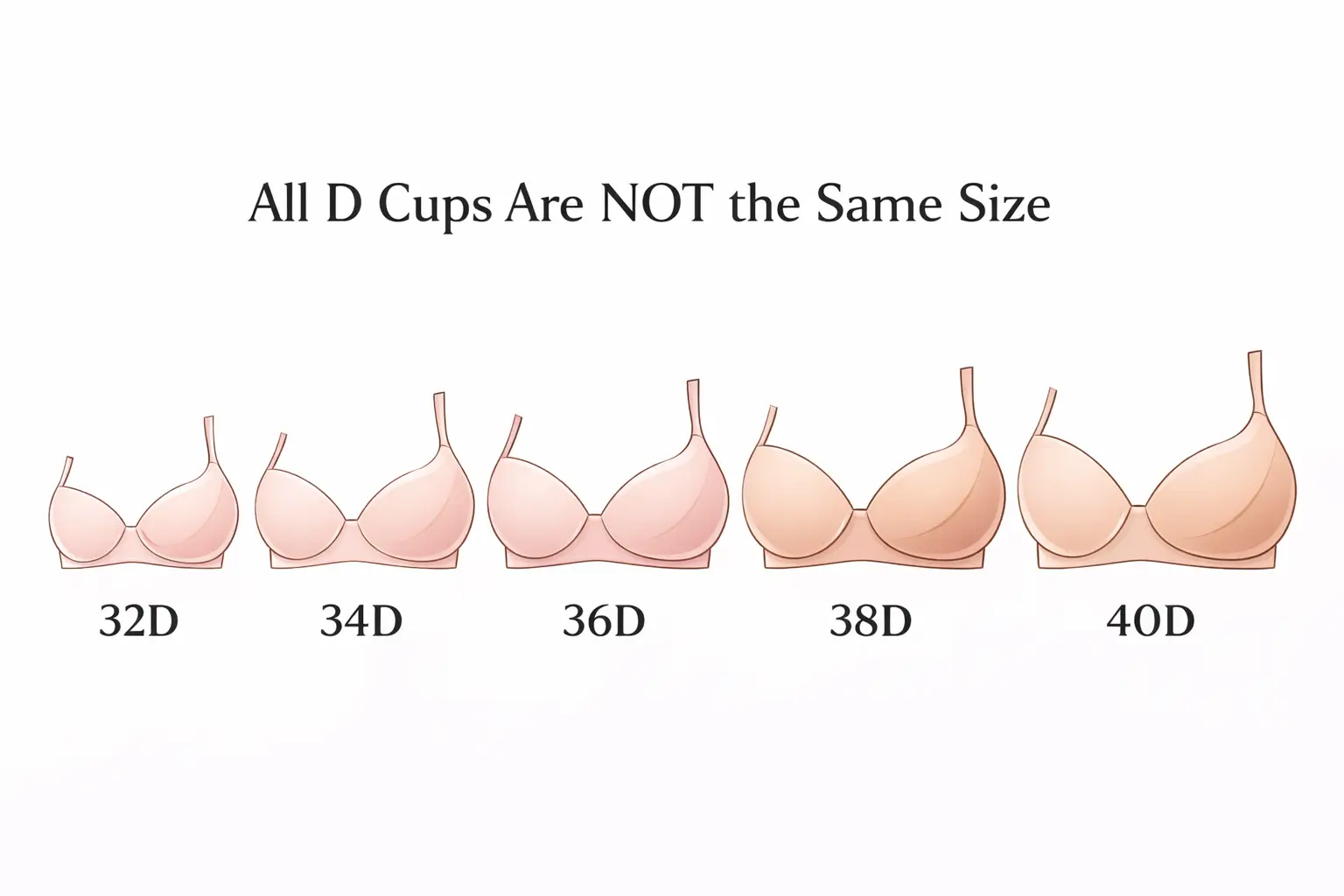 Infographic showing five D cup bra sizes from 32D to 40D increasing in volume from smallest to largest