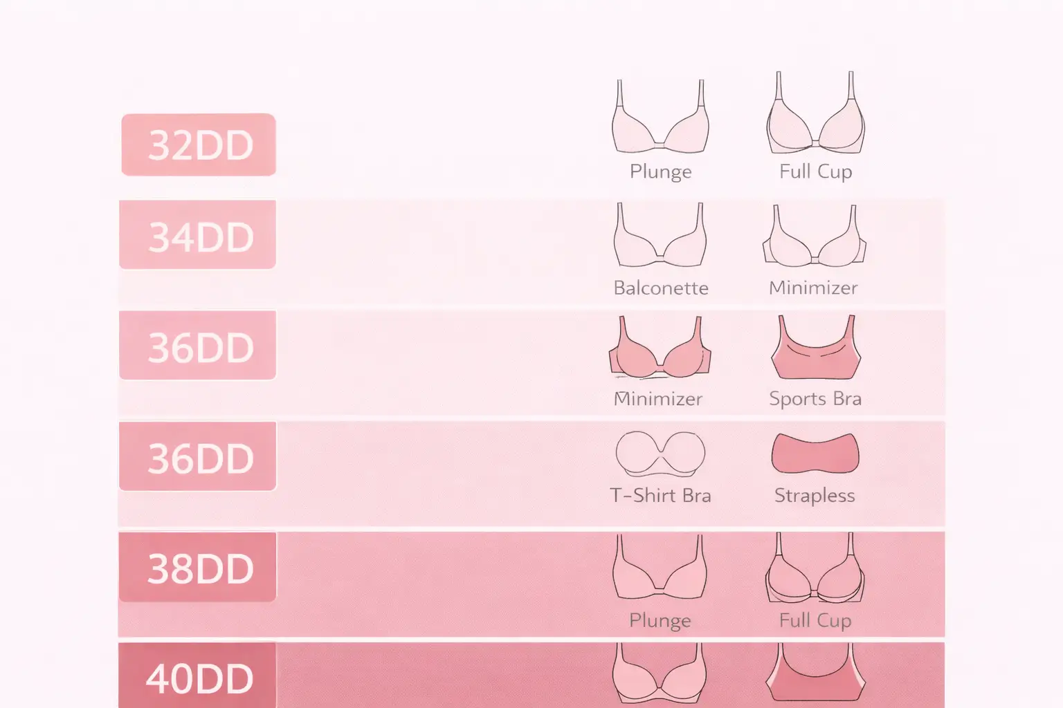 Infographic showing the best bra styles for 32DD 34DD 36DD 38DD and 40DD sizes