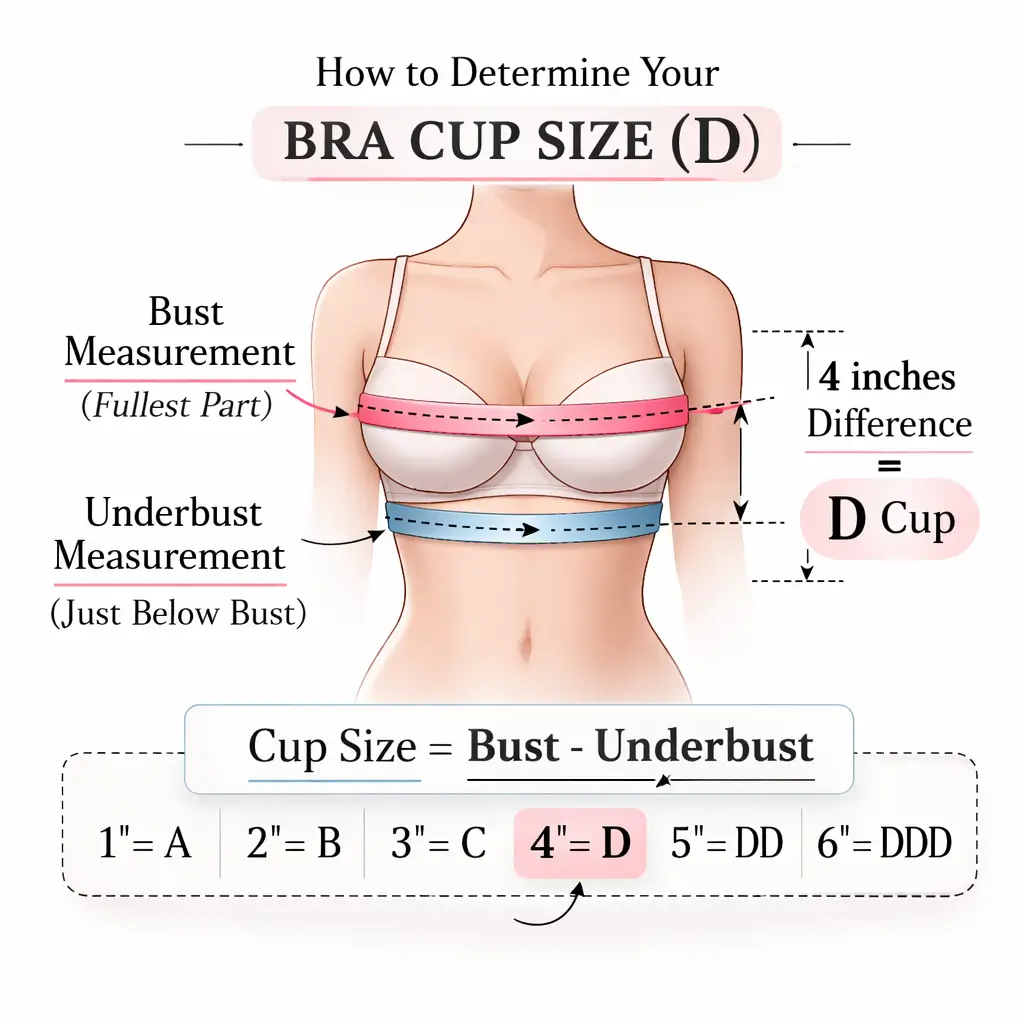 D cup bra size measurement diagram showing 4 inch difference between bust and underbust