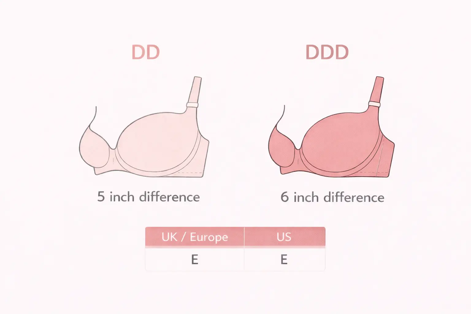 Infographic comparing DD and DDD bra cup sizes showing the difference in inches and international sizing