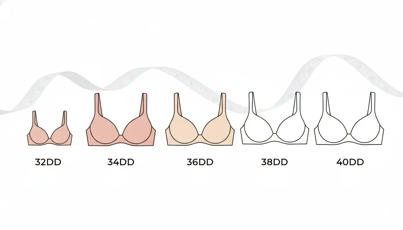 Difference between 32DD 34DD 36DD 38DD and 40DD bra sizes illustrated side by side