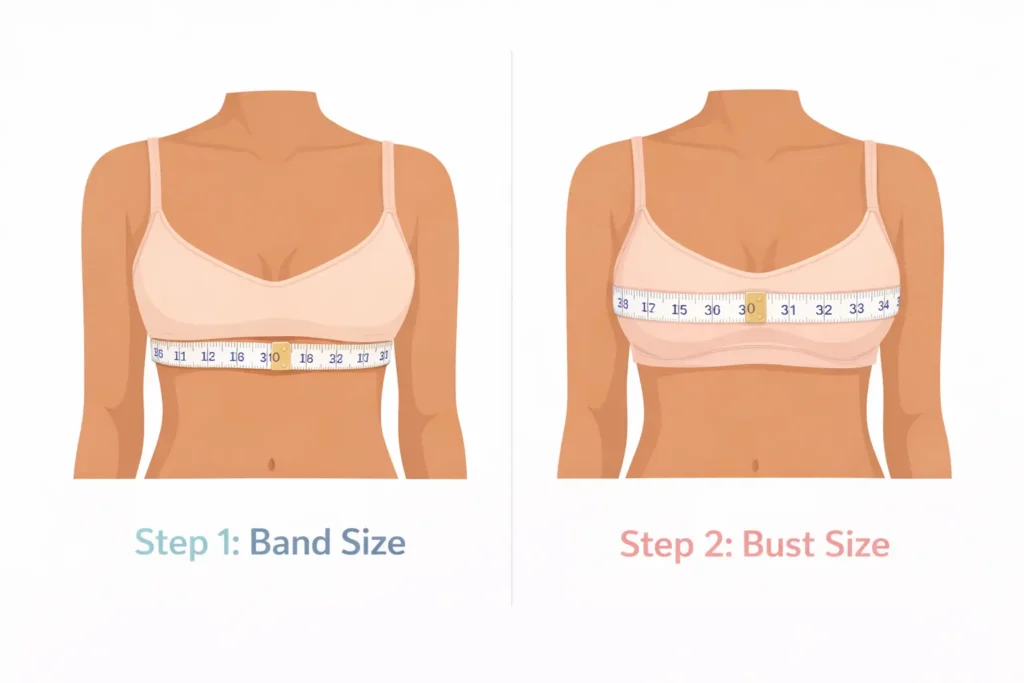 Step by step guide showing how to measure bra band size and bust size for 30B