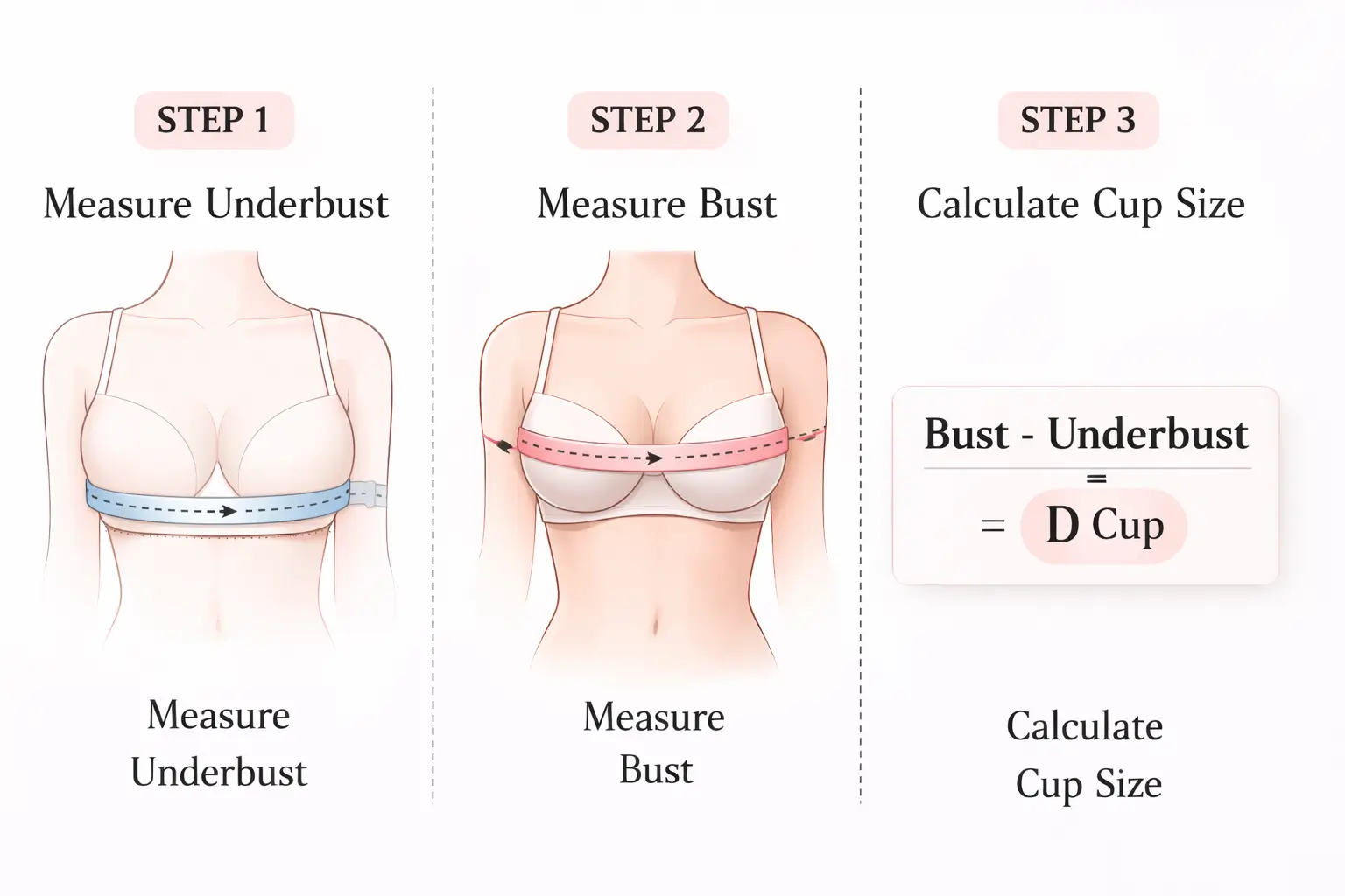 Step by step illustration showing how to measure bra size at home using a measuring tape