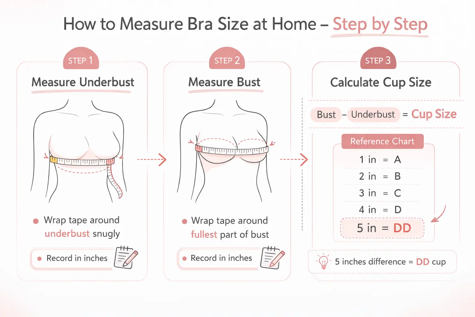 Step by step infographic showing how to measure bust size at home to find DD bra size