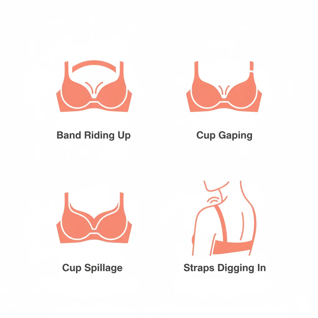 Signs of an ill-fitting 30B bra including band riding up, cup gaping, spillage, and straps digging in